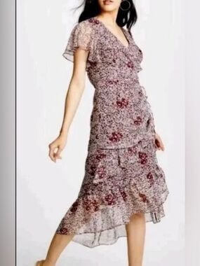 Shoshanna  Burgundy Floral V-Neck High-Low Dress